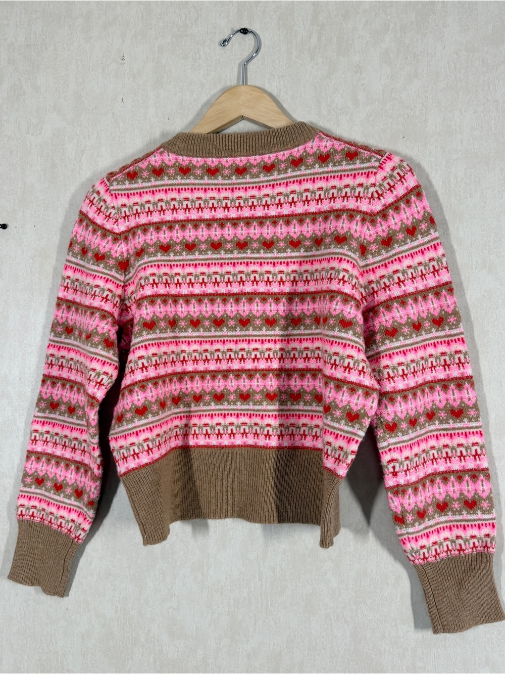 NWT J. Crew Shrunken Fair Isle Crewneck Sweater Lambswool Blend in Pink Brown M - Picture 6 of 10